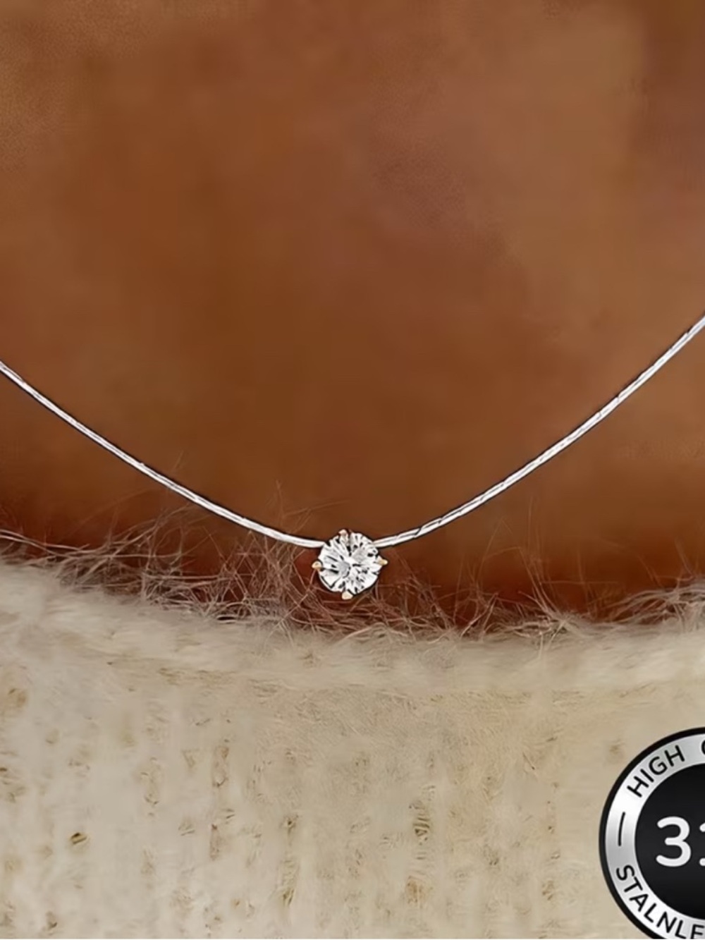 Delicate Solitaire Necklace with Clear Crystal Pendant - Silver Tone